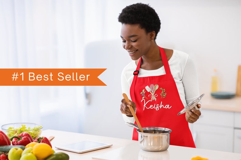 Red personalized apron with watercolor kitchen utensil design