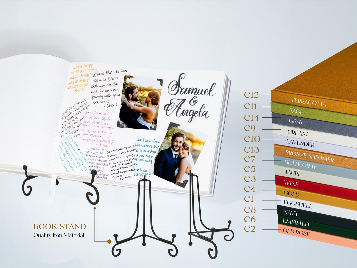 Personalized wedding guest book cover and lettering detail