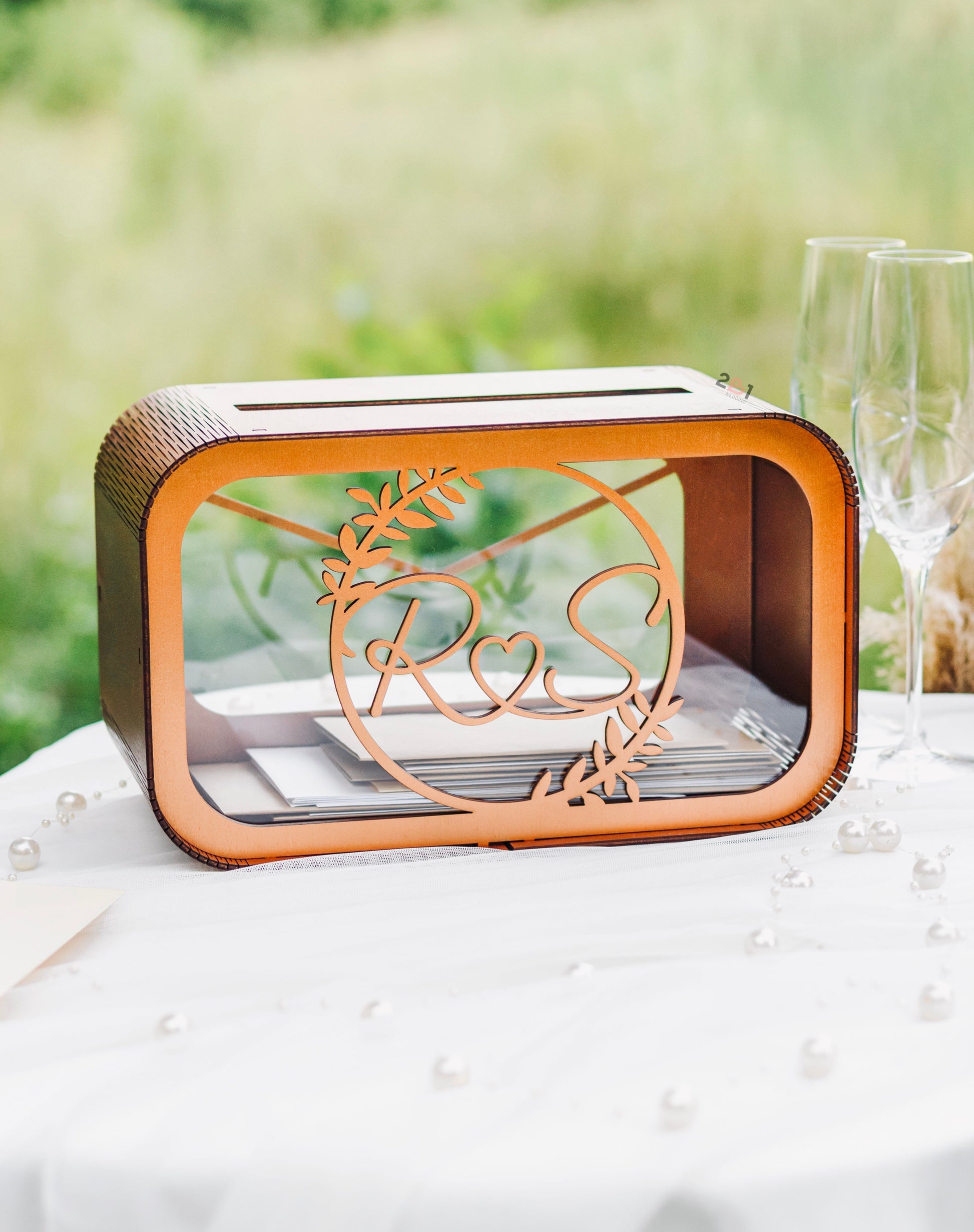 Wooden wedding envelope box with slot