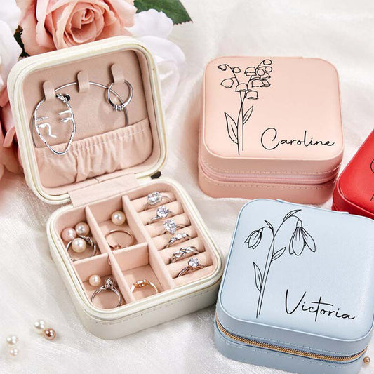 Personalized Travel Jewelry Box with Birth Flower Month - custom personalized jewelry detail image 2