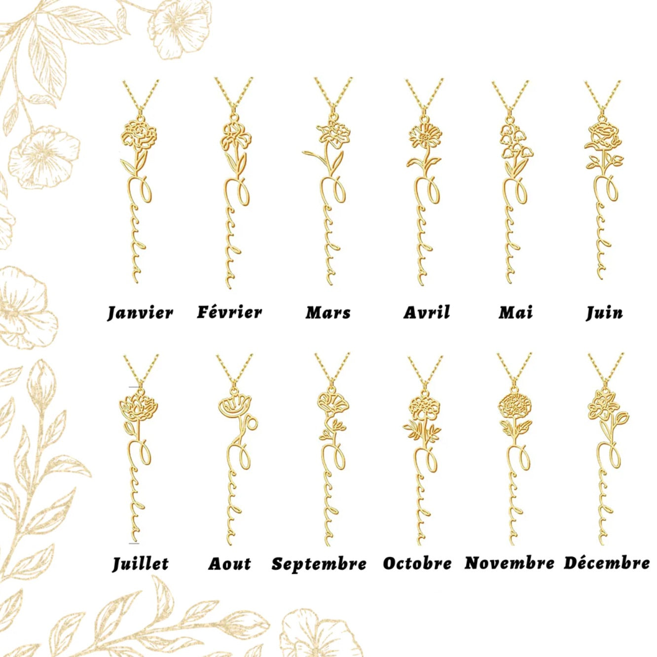 Birth Month Flower Name Necklace