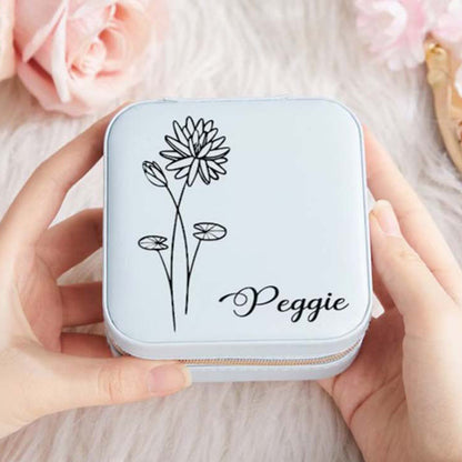 Personalized Travel Jewelry Box with Birth Flower Month – personalization and design detail