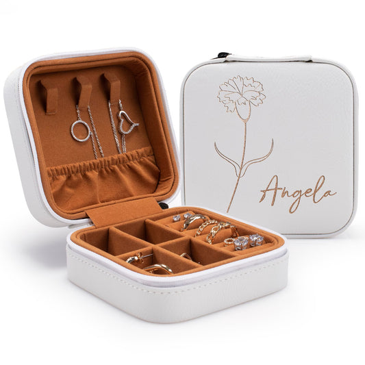 Personalized Travel Jewelry Box with Birth Flower Month - custom personalized jewelry main product image