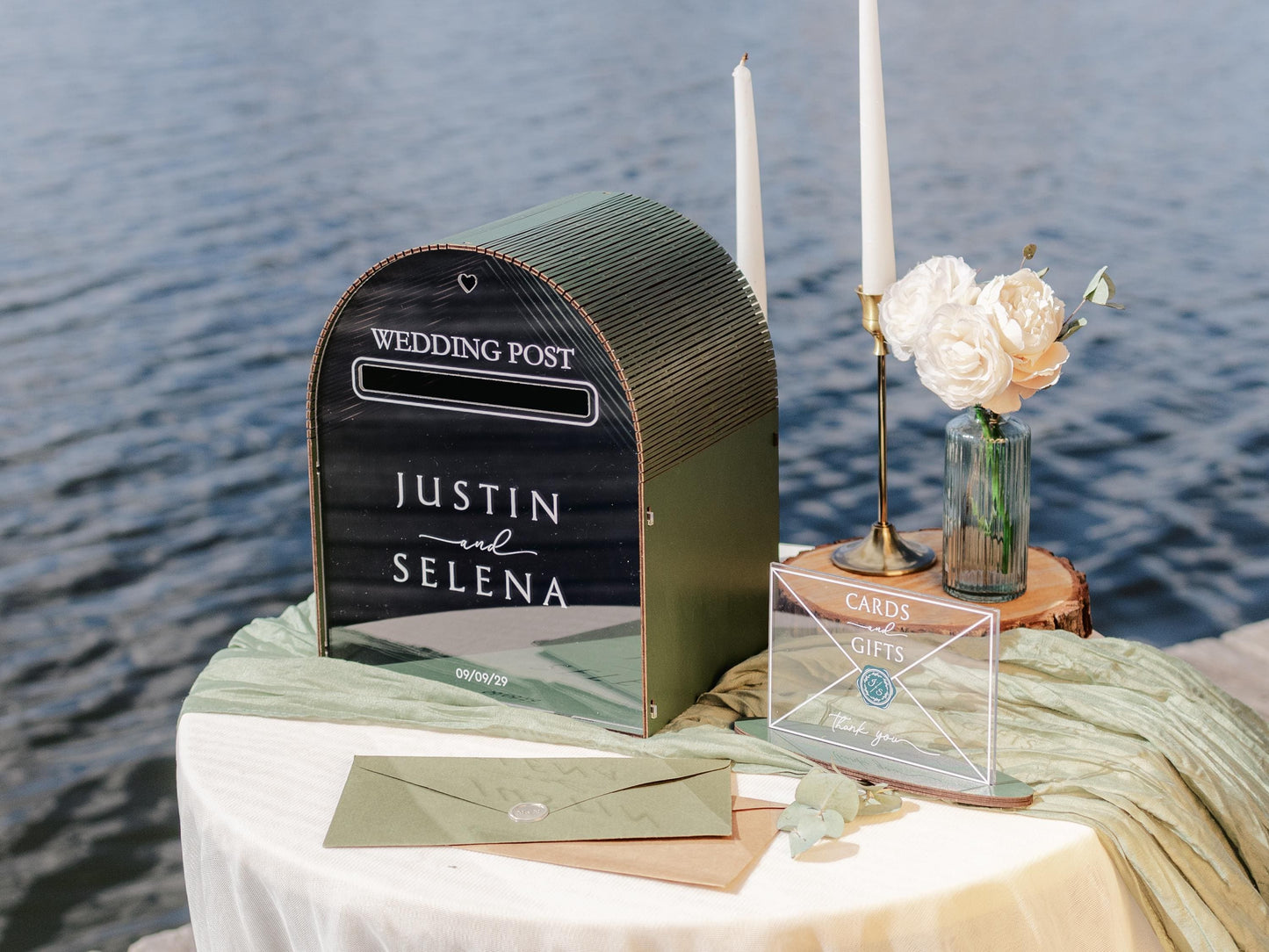 Green wedding post box with matching sign