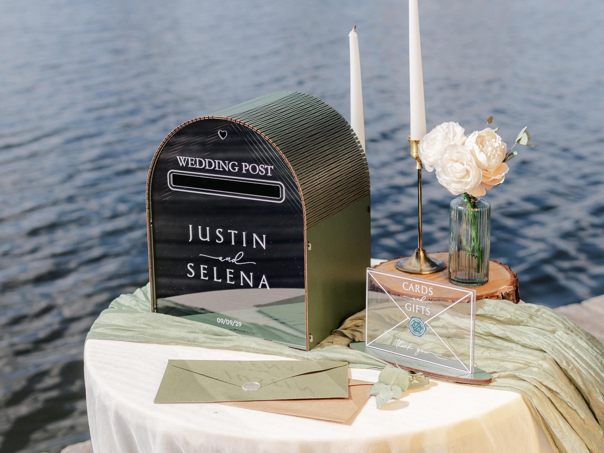 Green wedding post box with matching sign