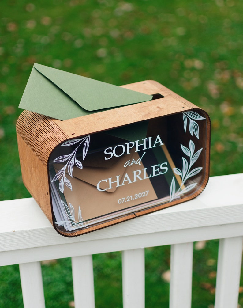 Personalized wood and acrylic wedding card box with custom names and date