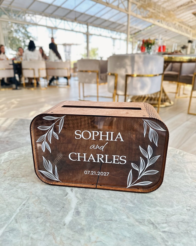 Rustic wooden wedding card box floral personalization detail