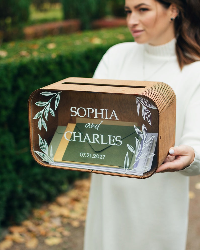 Personalized acrylic wedding envelope box front view