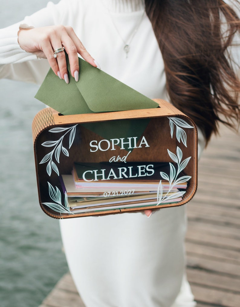 Wood and acrylic wedding card holder side view