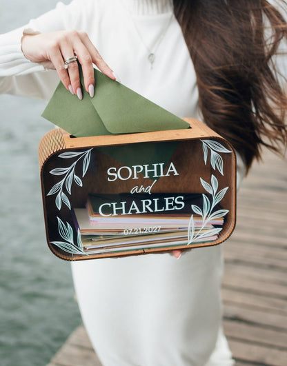 Wood and acrylic wedding card holder side view